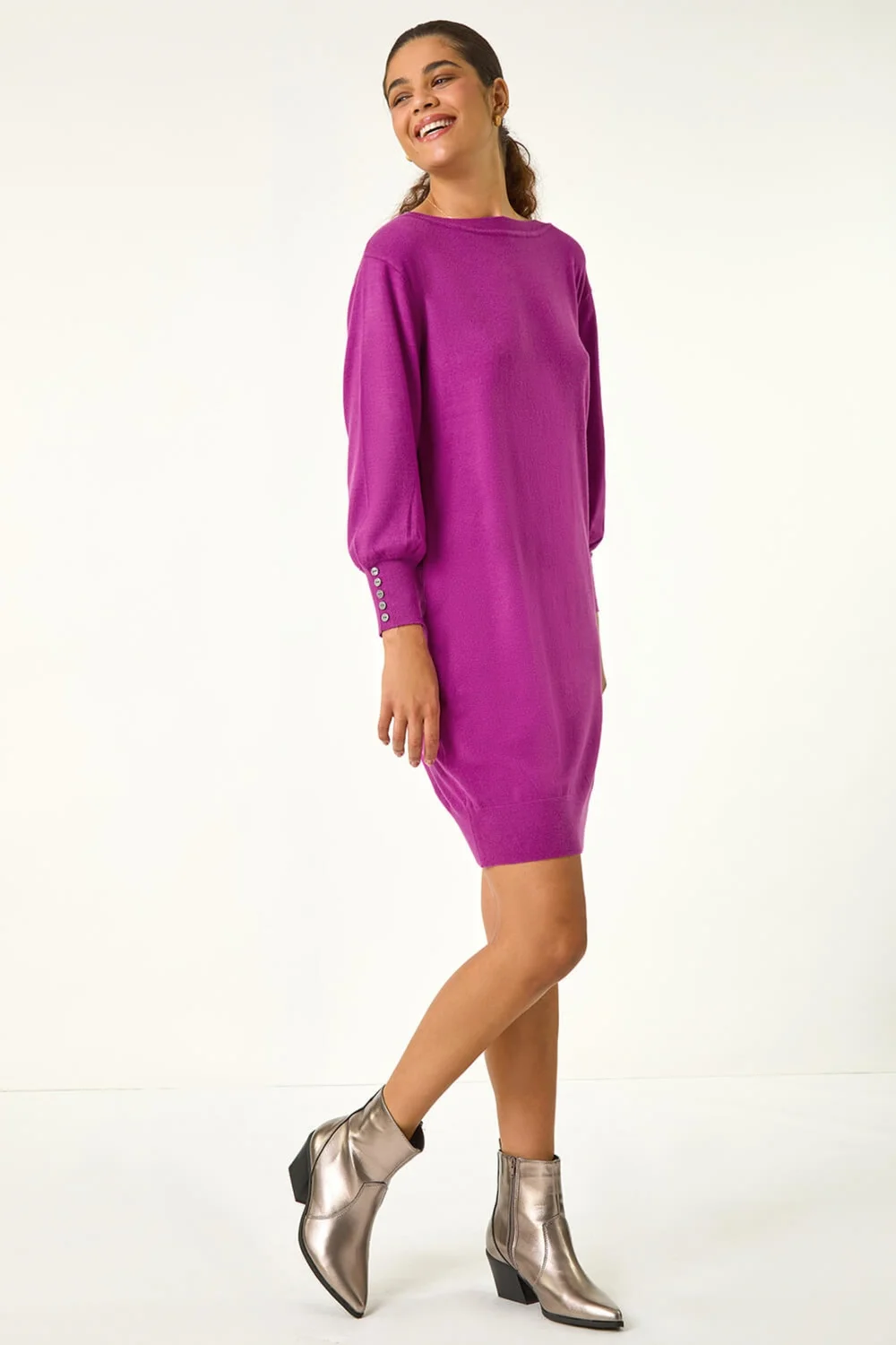 Roman Magenta Button Detail Slash Neck Knitted Stretch Dress - Size 20 Image 2