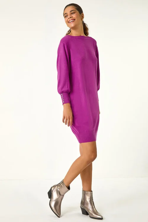 Roman Magenta Button Detail Slash Neck Knitted Stretch Dress - Size 20 Image 2