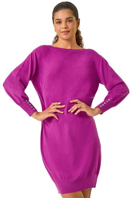 Roman Magenta Button Detail Slash Neck Knitted Stretch Dress - Size 20 Image 1