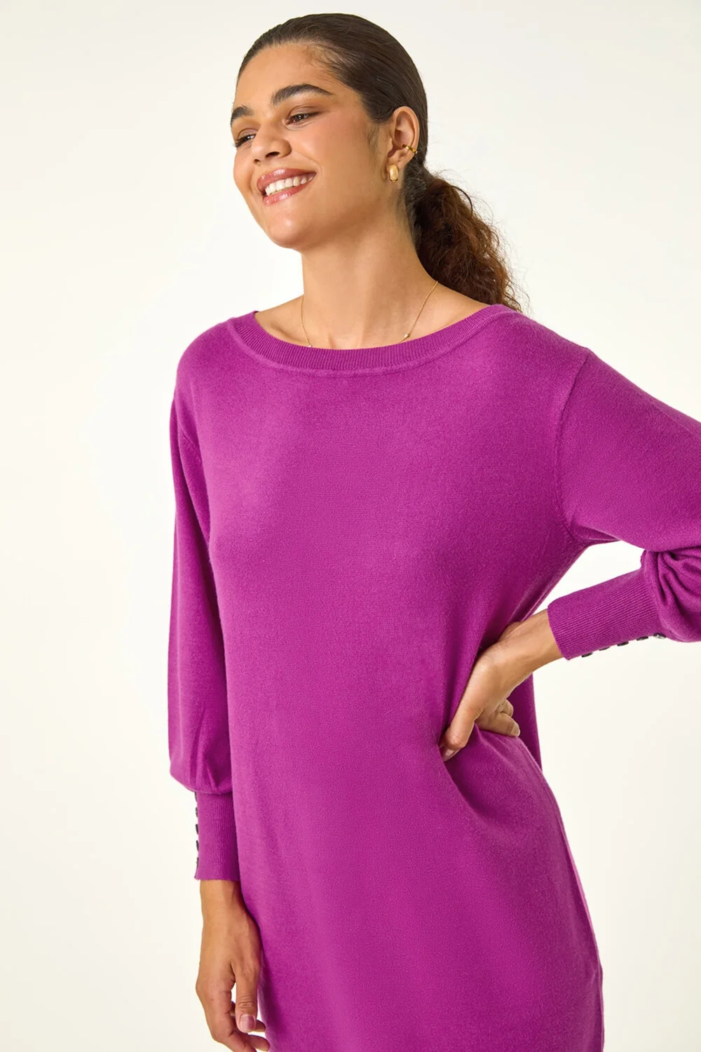 Roman Magenta Button Detail Slash Neck Knitted Stretch Dress - Size 20 Image 4