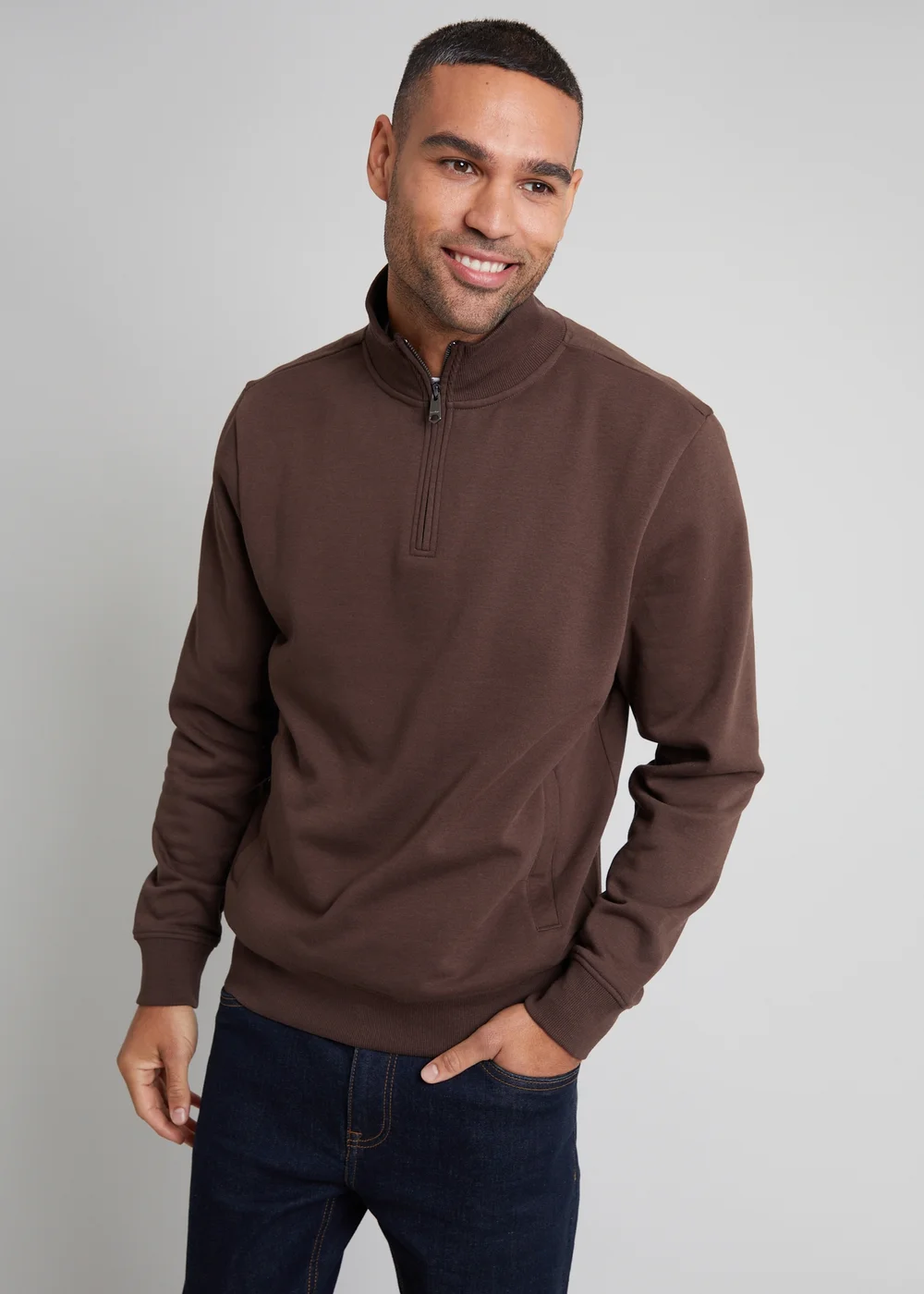 Threadbare Chocolate 1/4 Zip Neck Sweatshirt - S Image 1