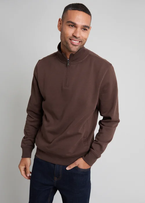 Threadbare Chocolate 1/4 Zip Neck Sweatshirt - S Image 1