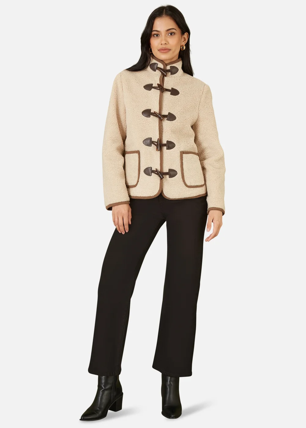 Yumi Cream Borg Jacket With Faux Leather Button Details - 8 Image 1