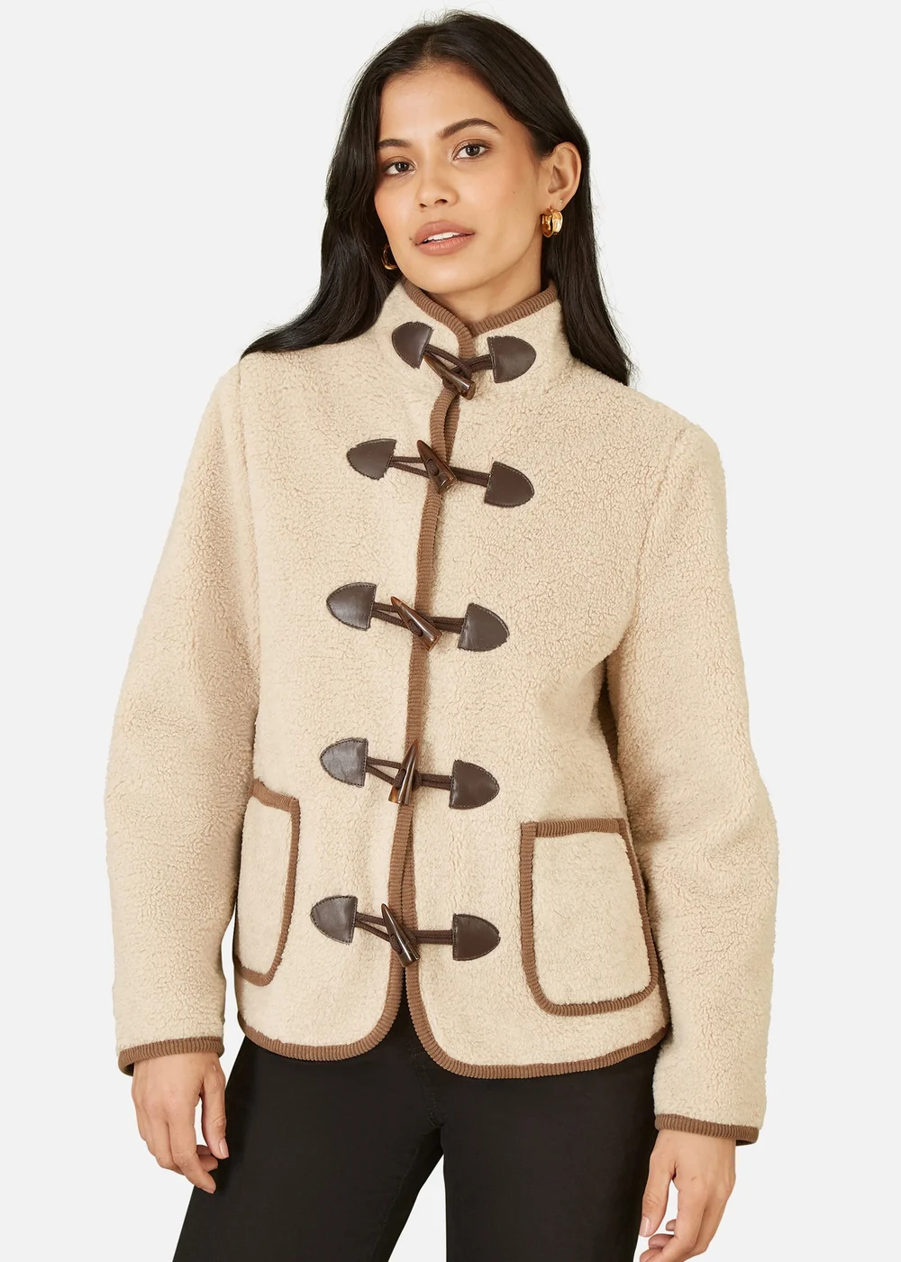 Yumi Cream Borg Jacket With Faux Leather Button Details - 8 Image 2