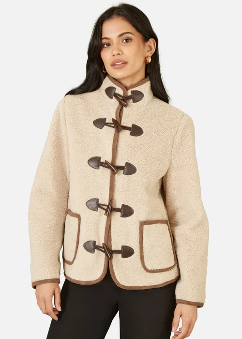 Yumi Cream Borg Jacket With Faux Leather Button Details - 8 Image 2