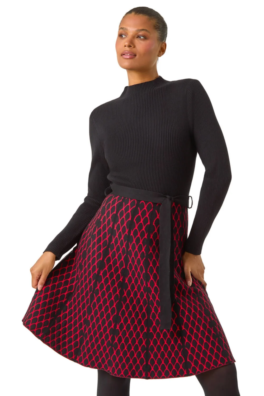 Roman Red Contrast Skirt Ribbed Jumper Dress - 10 Image 1