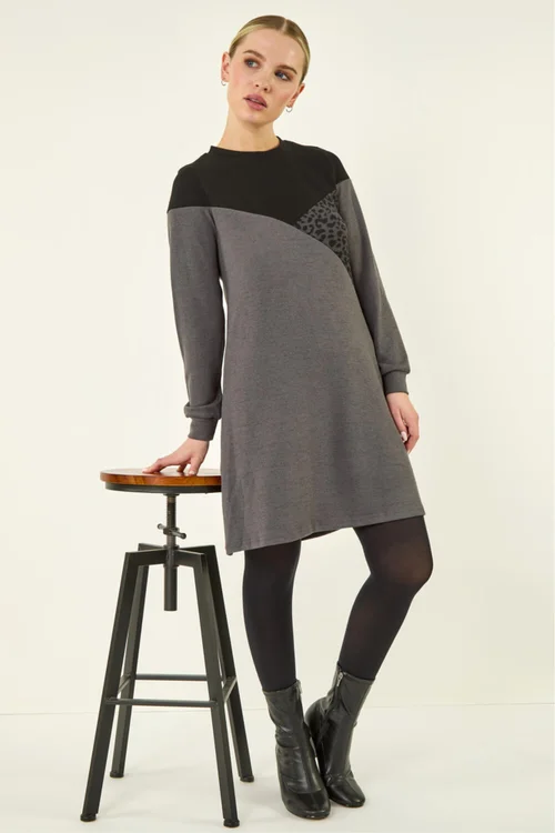Roman Dark Grey Petite Stretch Animal Colour Block Knit Dress - 8 Image 1