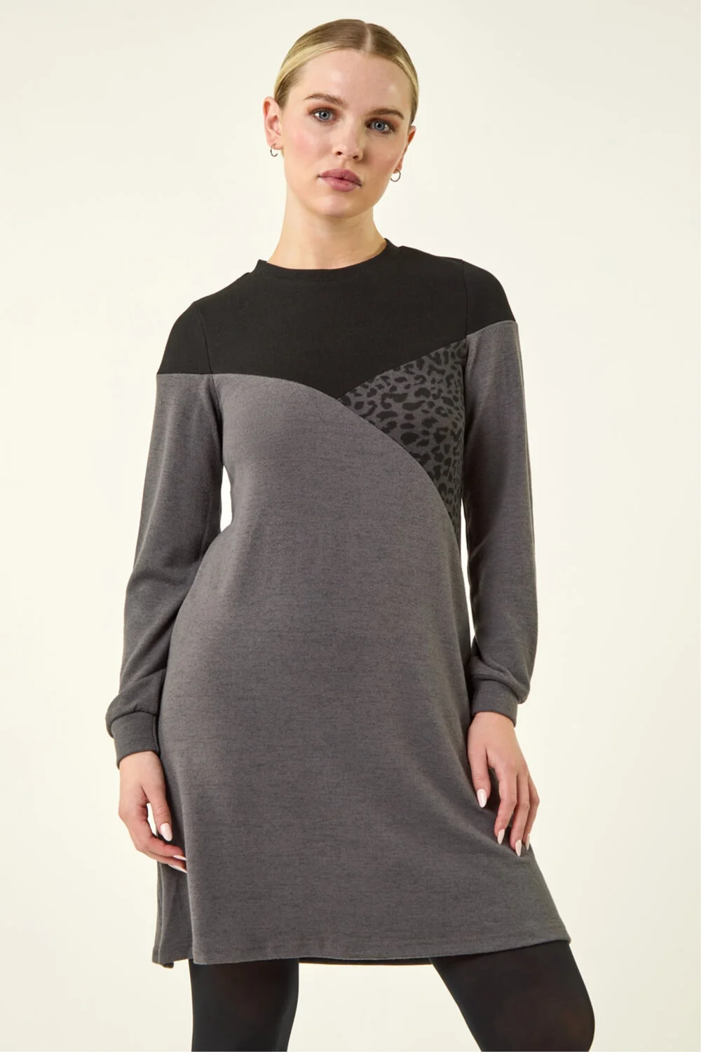 Roman Dark Grey Petite Stretch Animal Colour Block Knit Dress - 8 Image 4