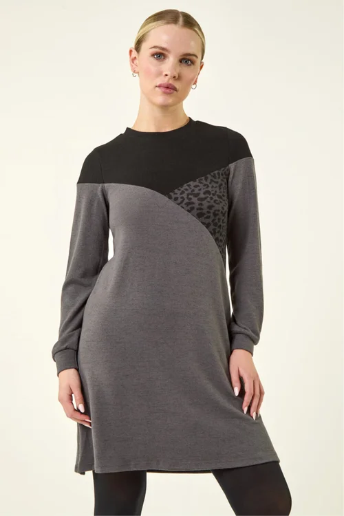 Roman Dark Grey Petite Stretch Animal Colour Block Knit Dress - 8 Image 4