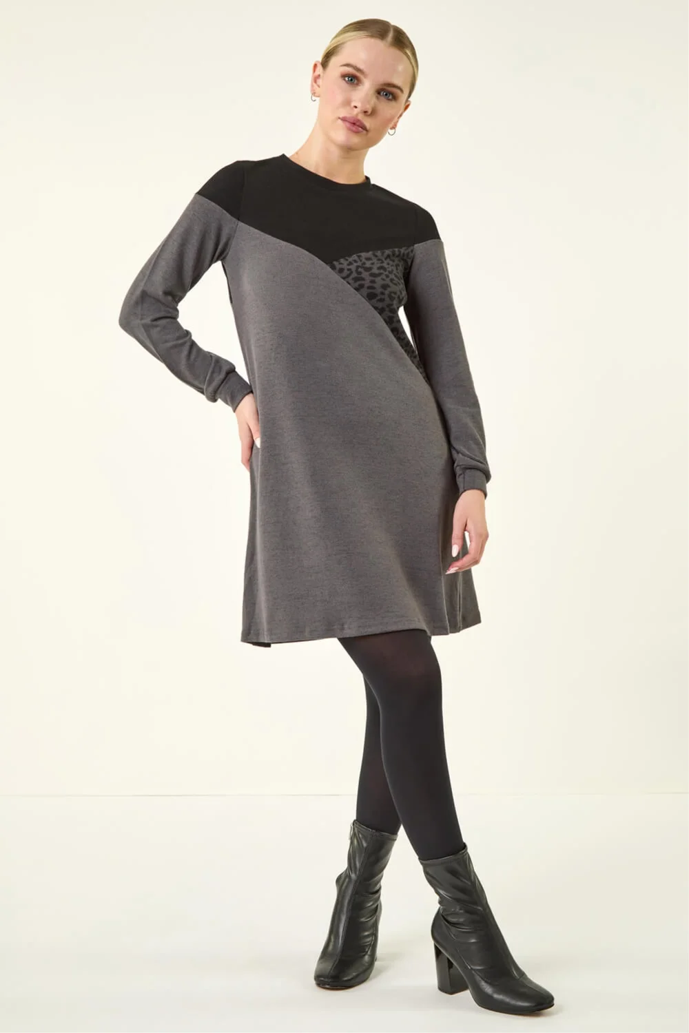 Roman Dark Grey Petite Stretch Animal Colour Block Knit Dress - 8 Image 2
