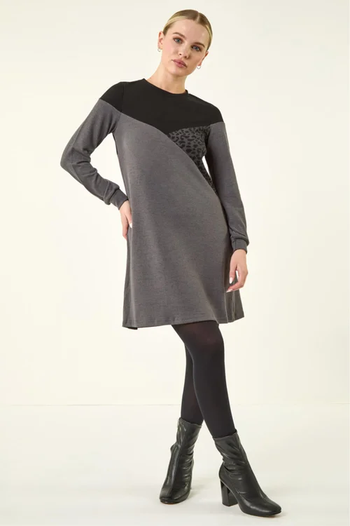 Roman Dark Grey Petite Stretch Animal Colour Block Knit Dress - 8 Image 2