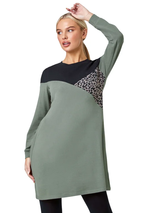 Roman Khaki Petite Leopard Print Colour Block Knit Dress - Size 12 Image 1