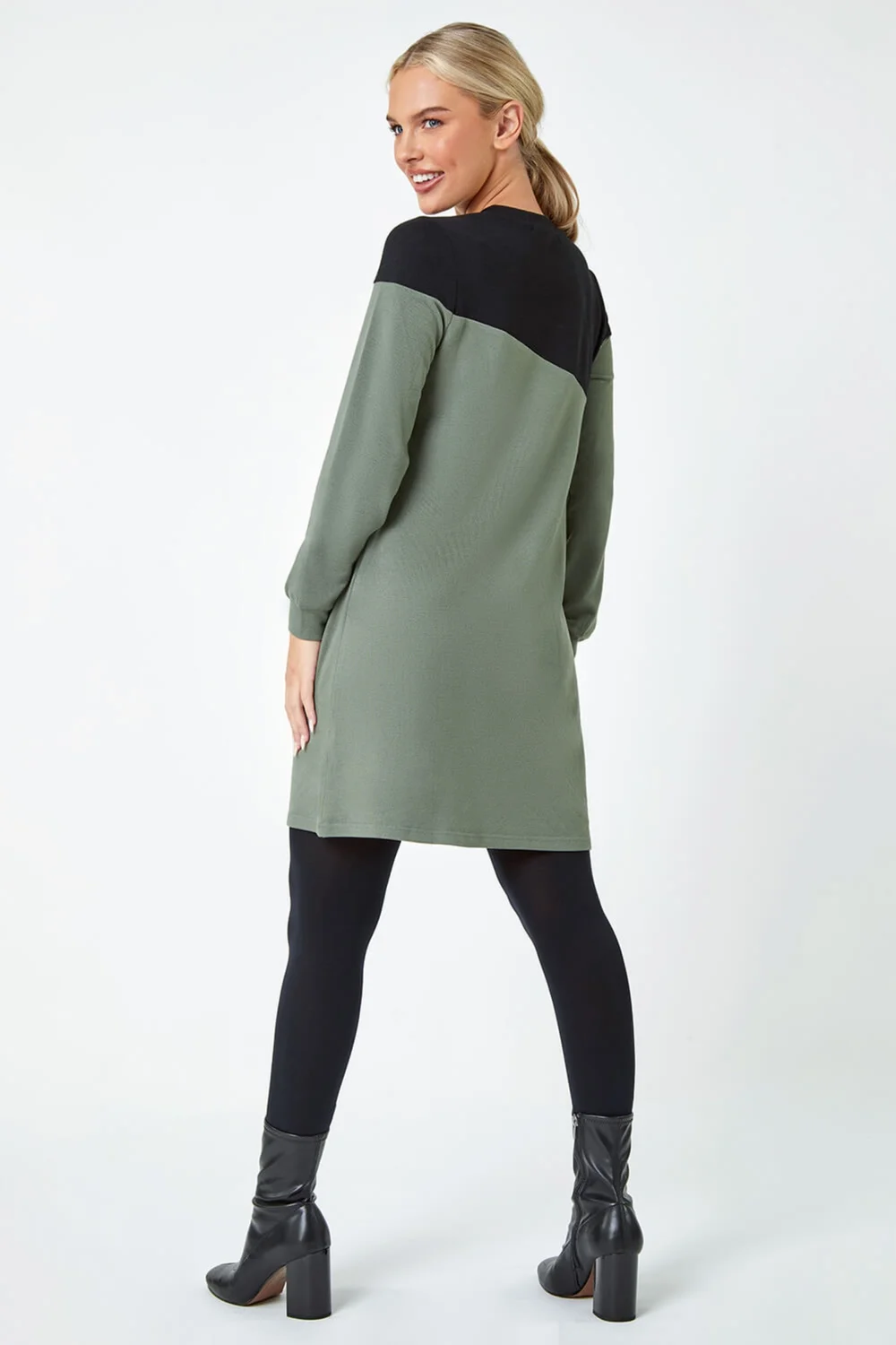 Roman Khaki Petite Leopard Print Colour Block Knit Dress - Size 12 Image 3