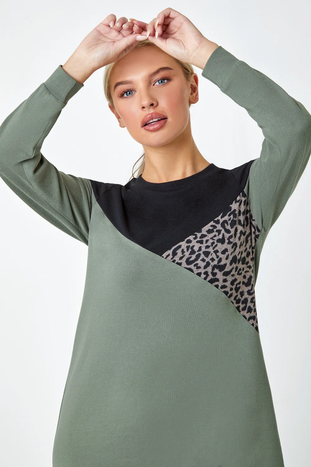 Roman Khaki Petite Leopard Print Colour Block Knit Dress - Size 12 Image 4