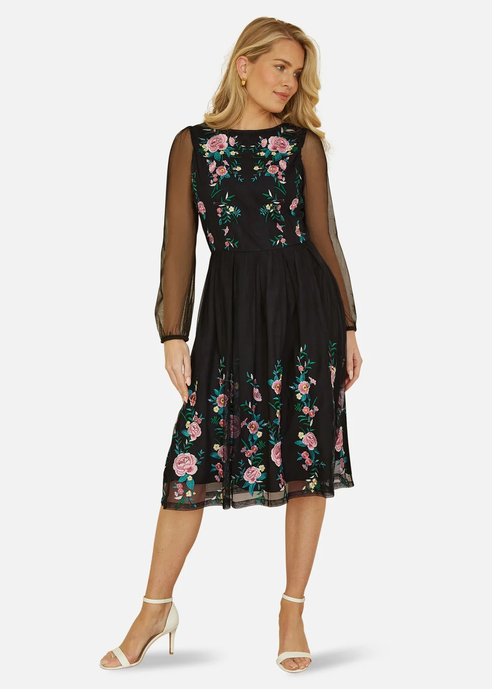 Yumi Black Embroidered Long Mesh Sleeve Prom Skater Dress - 8 Image 1