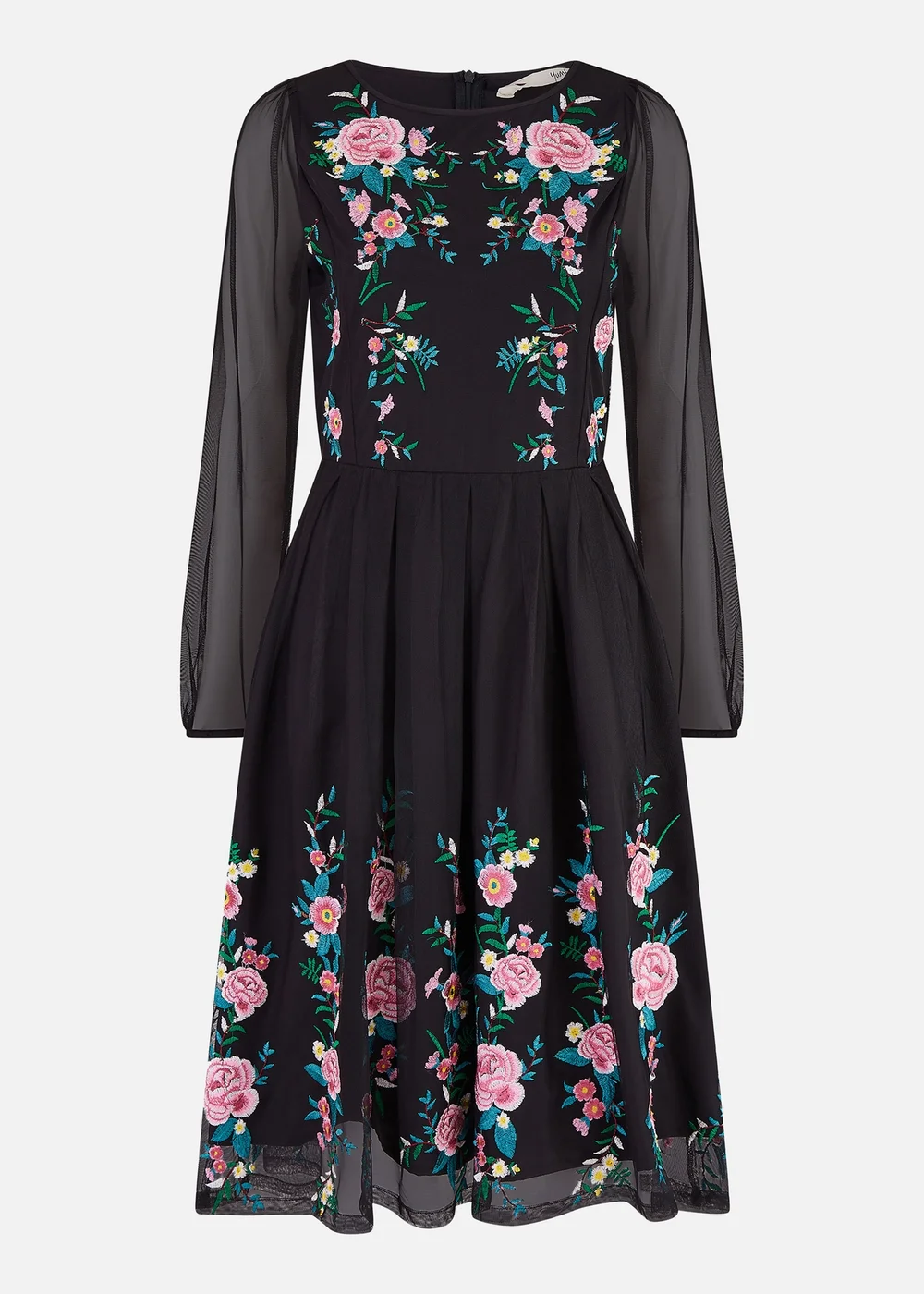 Yumi Black Embroidered Long Mesh Sleeve Prom Skater Dress - 8 Image 3