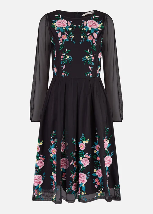Yumi Black Embroidered Long Mesh Sleeve Prom Skater Dress - 8 Image 3