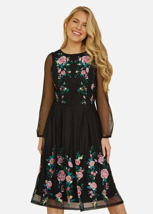Yumi Black Embroidered Long Mesh Sleeve Prom Skater Dress - 8 Image 2