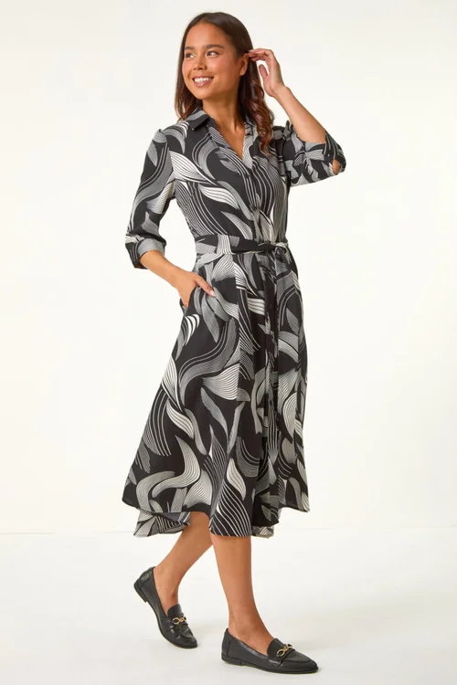 Roman Black Petite Graphic Belt Detail Midi Shirt Dress - 8 Image 3