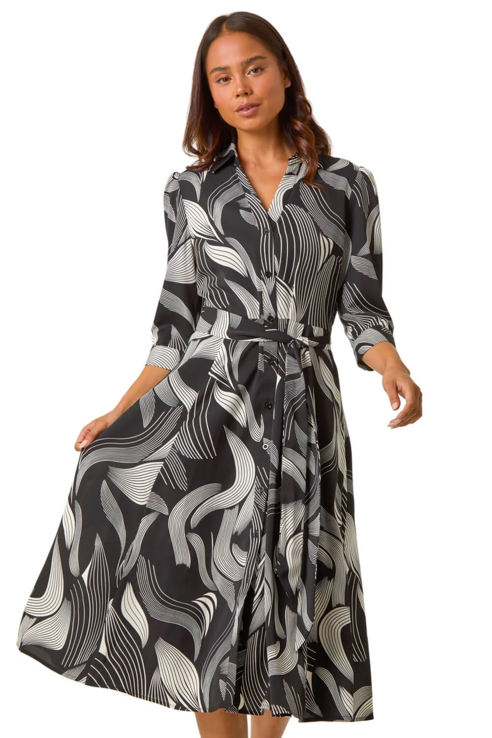Roman Black Petite Graphic Belt Detail Midi Shirt Dress - 8 Image 1