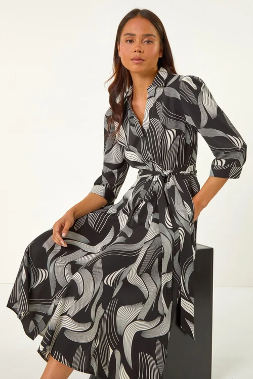 Roman Black Petite Graphic Belt Detail Midi Shirt Dress - 8 Image 2