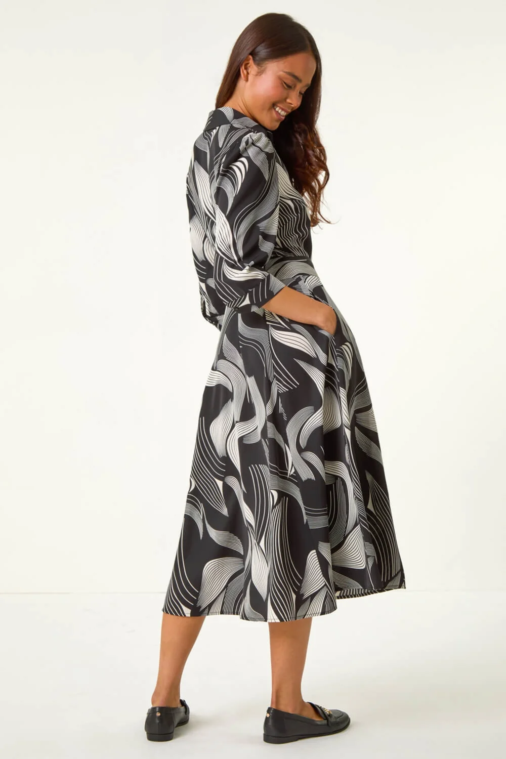 Roman Black Petite Graphic Belt Detail Midi Shirt Dress - 8 Image 4