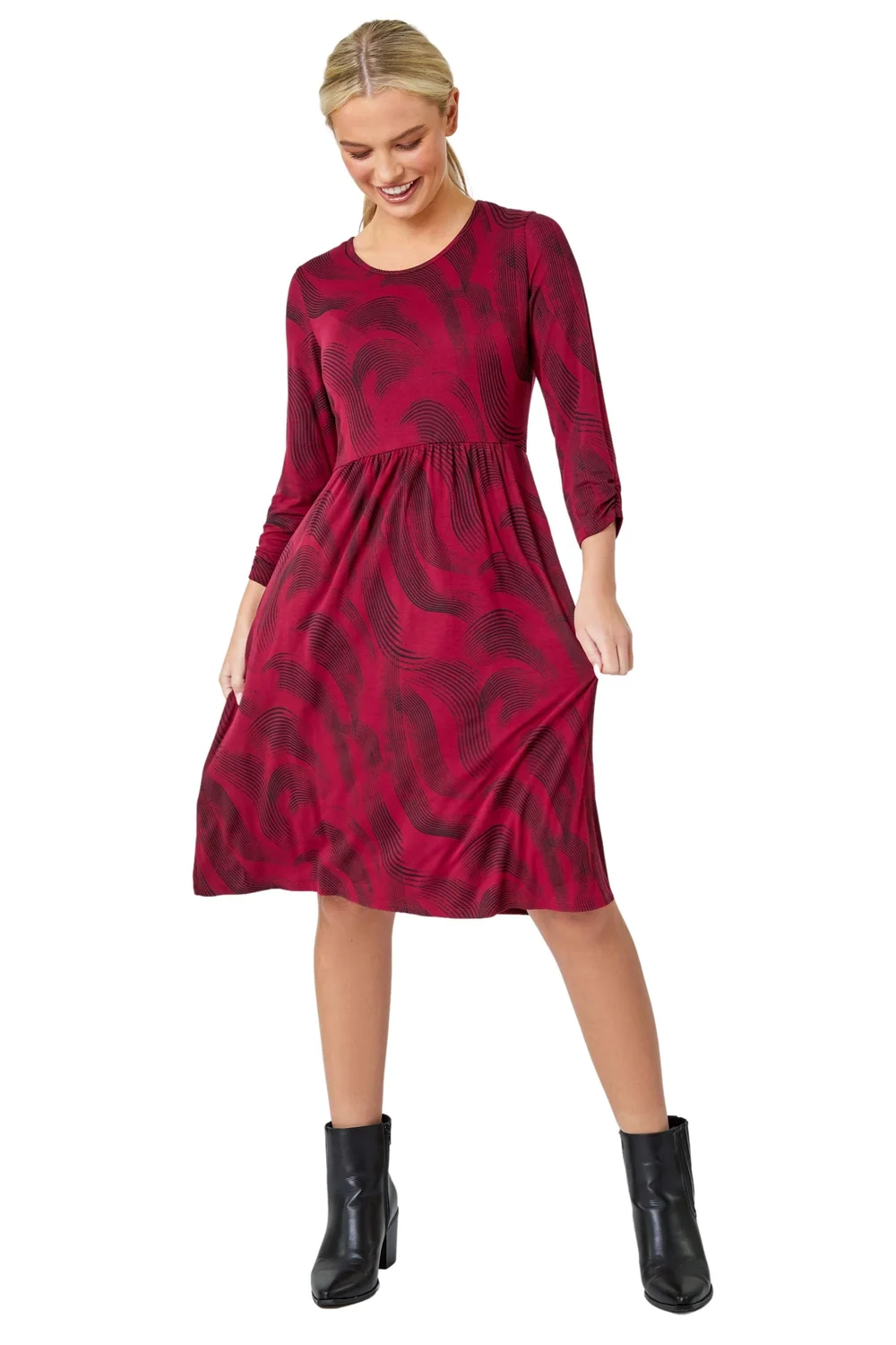 Roman Burgundy Petite Swirl Print Pocket Stretch Dress - 10 Image 1