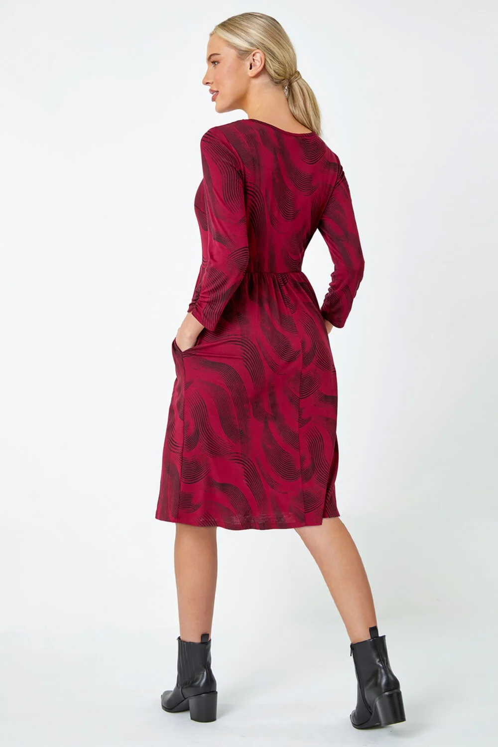 Roman Burgundy Petite Swirl Print Pocket Stretch Dress - 10 Image 3