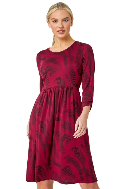 Roman Burgundy Petite Swirl Print Pocket Stretch Dress - 10 Image 2