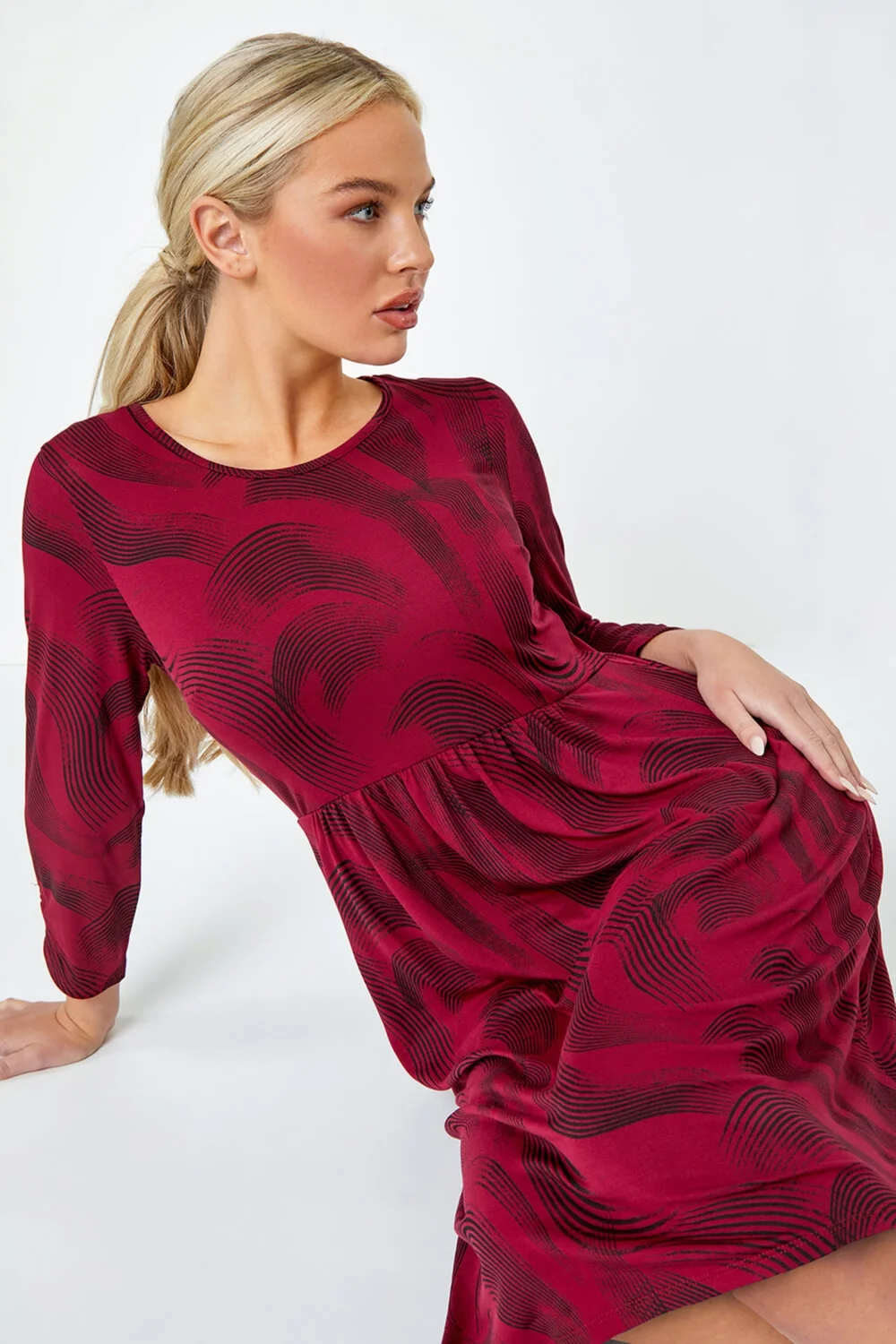 Roman Burgundy Petite Swirl Print Pocket Stretch Dress - 10 Image 4