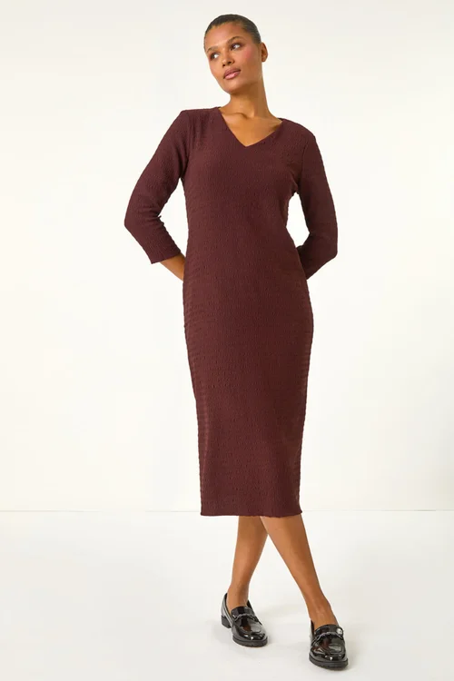 Roman Chocolate Textured V-Neck Stretch A-Line Dress - 10 Image 3