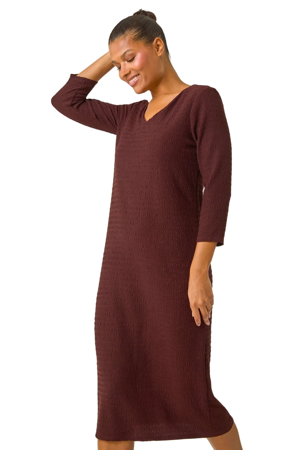 Roman Chocolate Textured V-Neck Stretch A-Line Dress - 10 Image 1