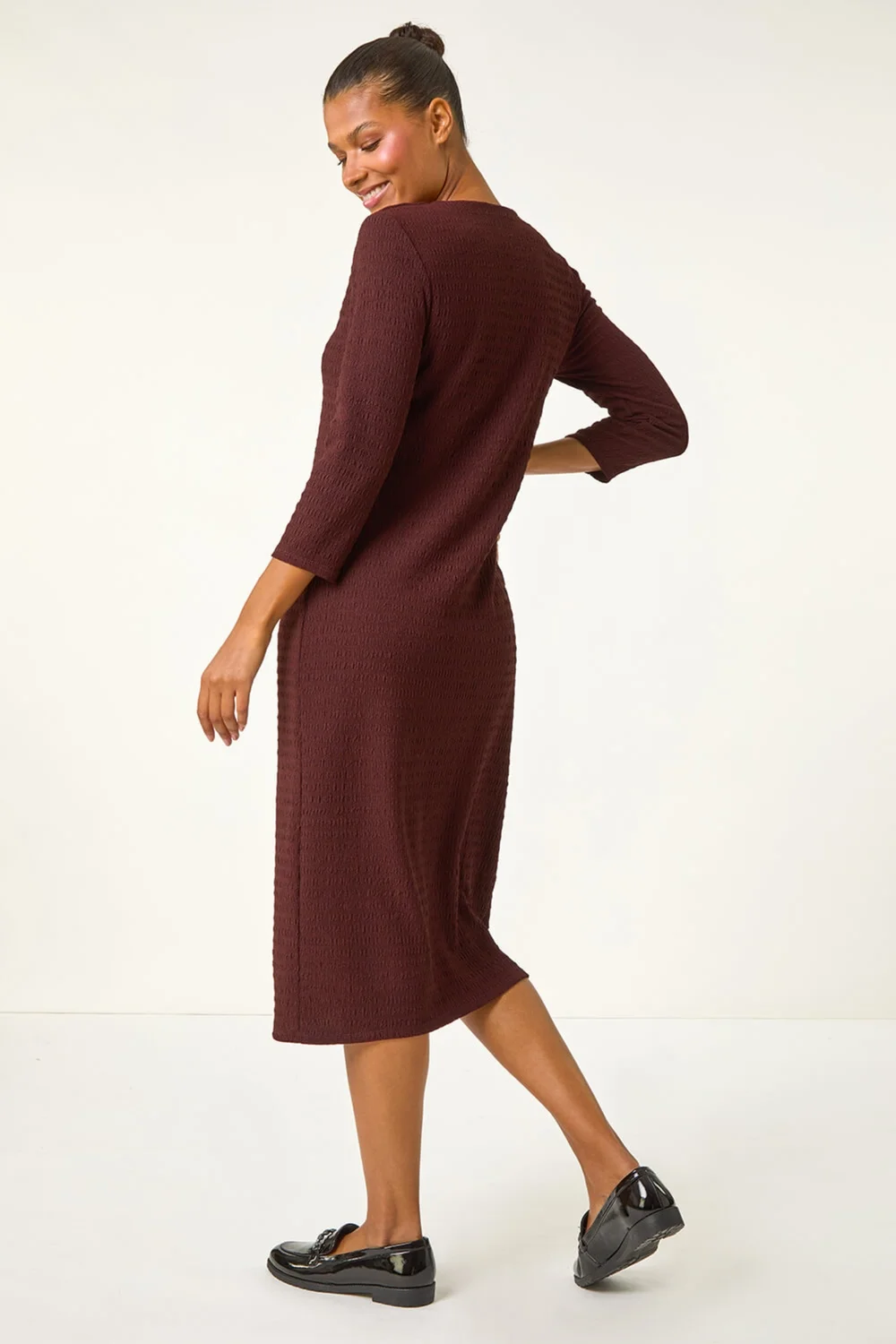 Roman Chocolate Textured V-Neck Stretch A-Line Dress - 10 Image 2