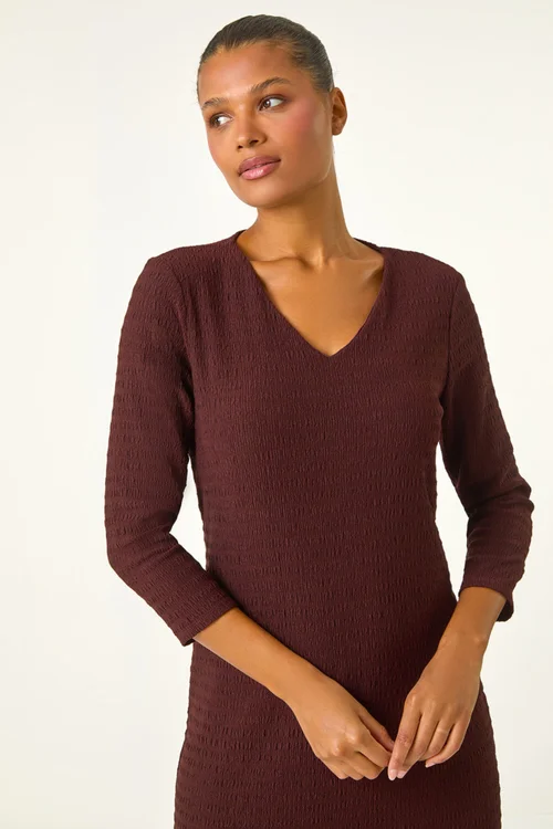 Roman Chocolate Textured V-Neck Stretch A-Line Dress - 10 Image 4