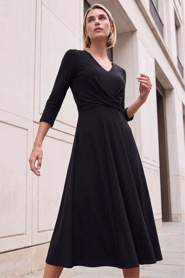 Roman Black Stretch Crossover Midi Dress