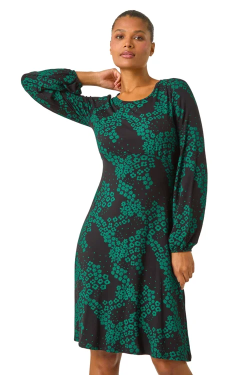 Roman Green Ditsy Floral Gathered Stretch Dress - 22 Image 1