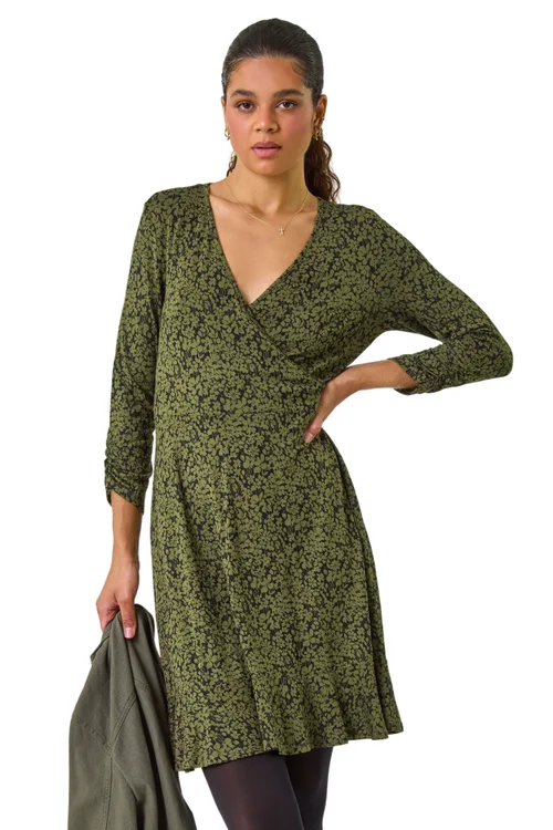 Roman Khaki Floral Print Wrap Front Stretch Dress - 10 Image 1