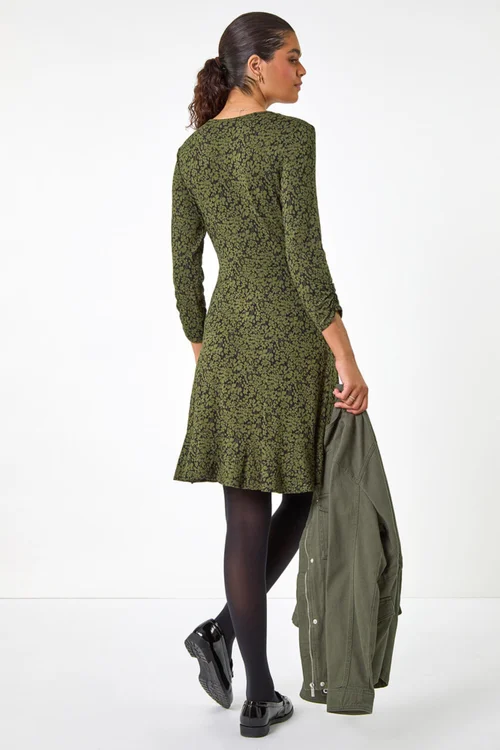 Roman Khaki Floral Print Wrap Front Stretch Dress - 10 Image 4
