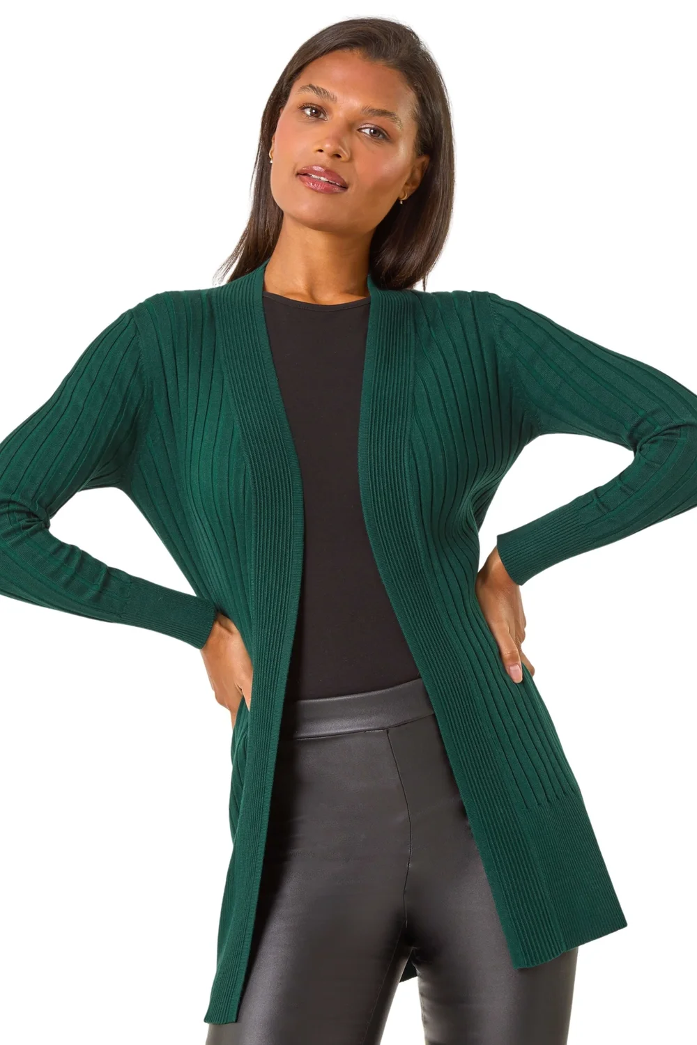 Roman Dark Green Longline Stretch Ribbed Cardigan - 10 Image 1