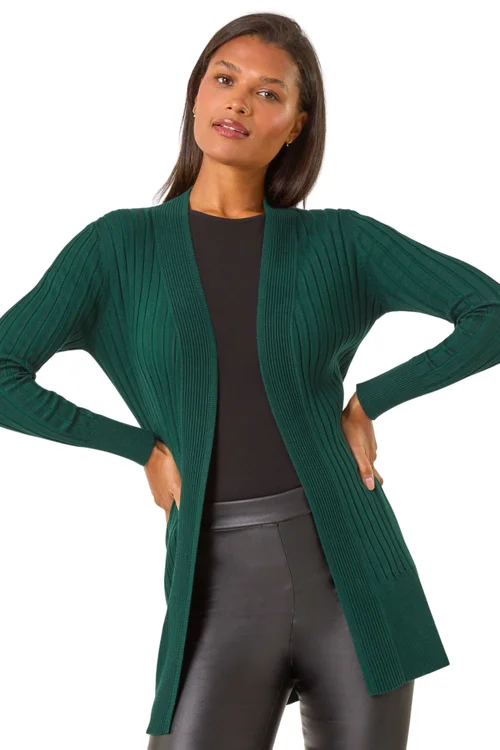Roman Dark Green Longline Stretch Ribbed Cardigan - 10 Image 1