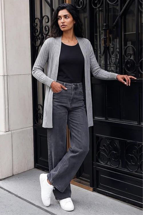 Roman Light Grey Longline Stretch Ribbed Cardigan - 12 Image 3