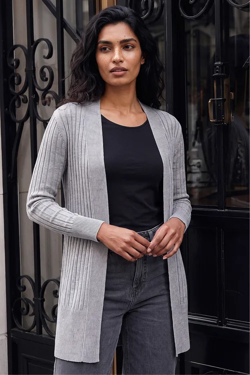 Roman Light Grey Longline Stretch Ribbed Cardigan - 12 Image 1