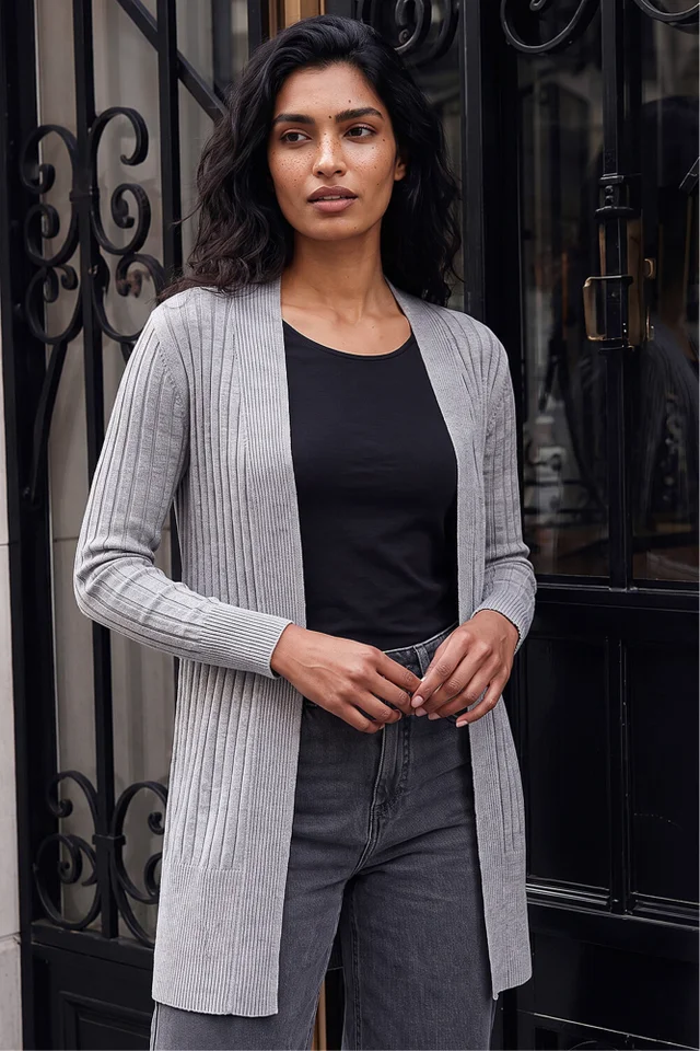 Roman Light Grey Longline Stretch Ribbed Cardigan