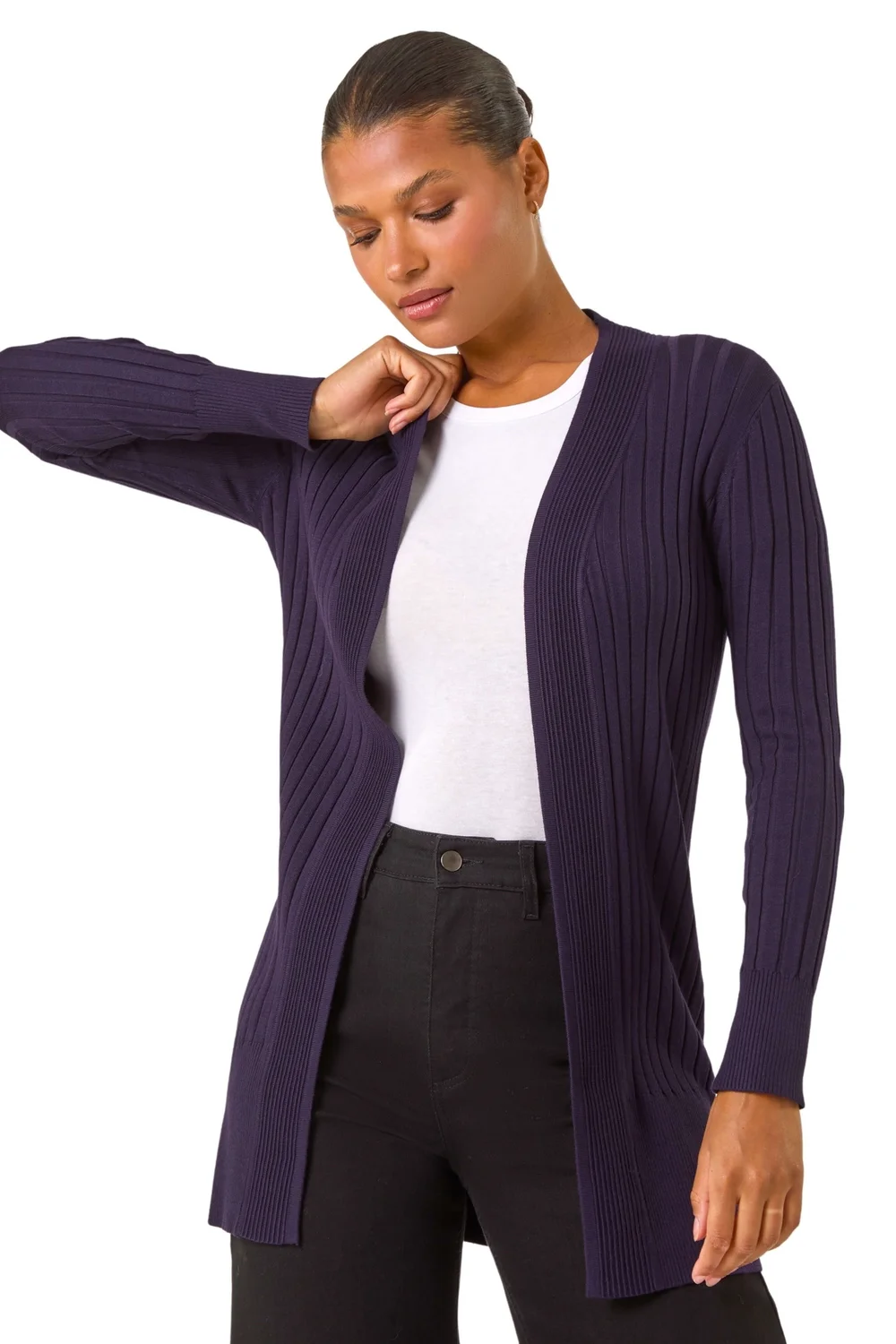Roman Purple Longline Stretch Ribbed Cardigan - Size 14 Image 1