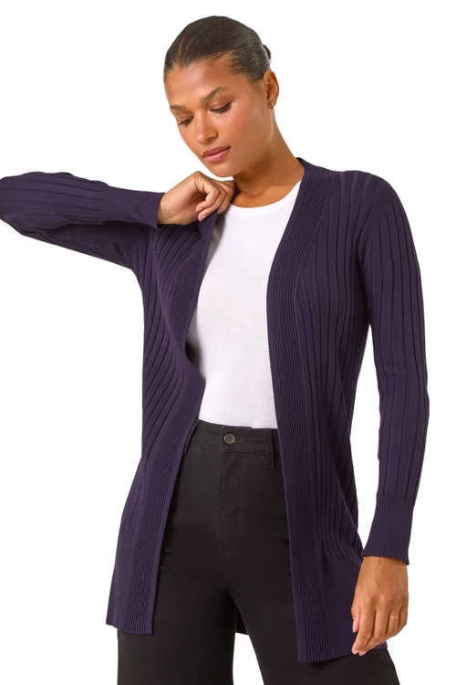 Roman Purple Longline Stretch Ribbed Cardigan - Size 14 Image 1