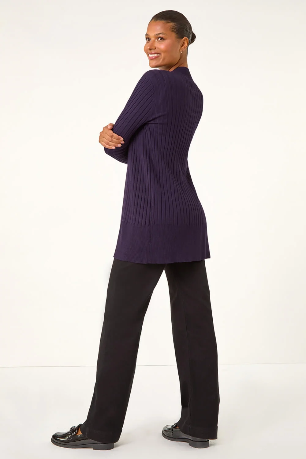 Roman Purple Longline Stretch Ribbed Cardigan - Size 14 Image 3