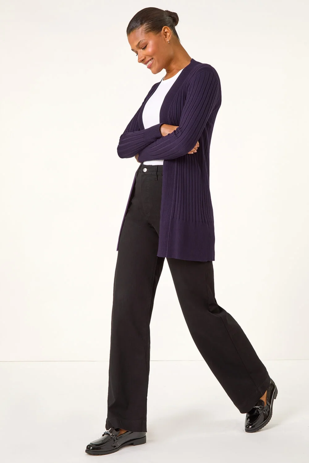 Roman Purple Longline Stretch Ribbed Cardigan - Size 14 Image 2