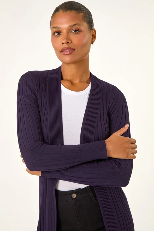 Roman Purple Longline Stretch Ribbed Cardigan - Size 14 Image 4