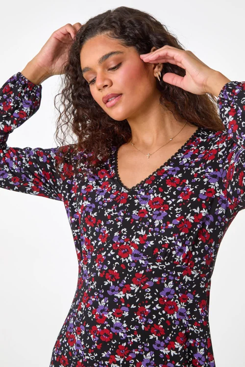 Roman Purple Floral Print Lace Trim Stretch Dress - 16 Image 4