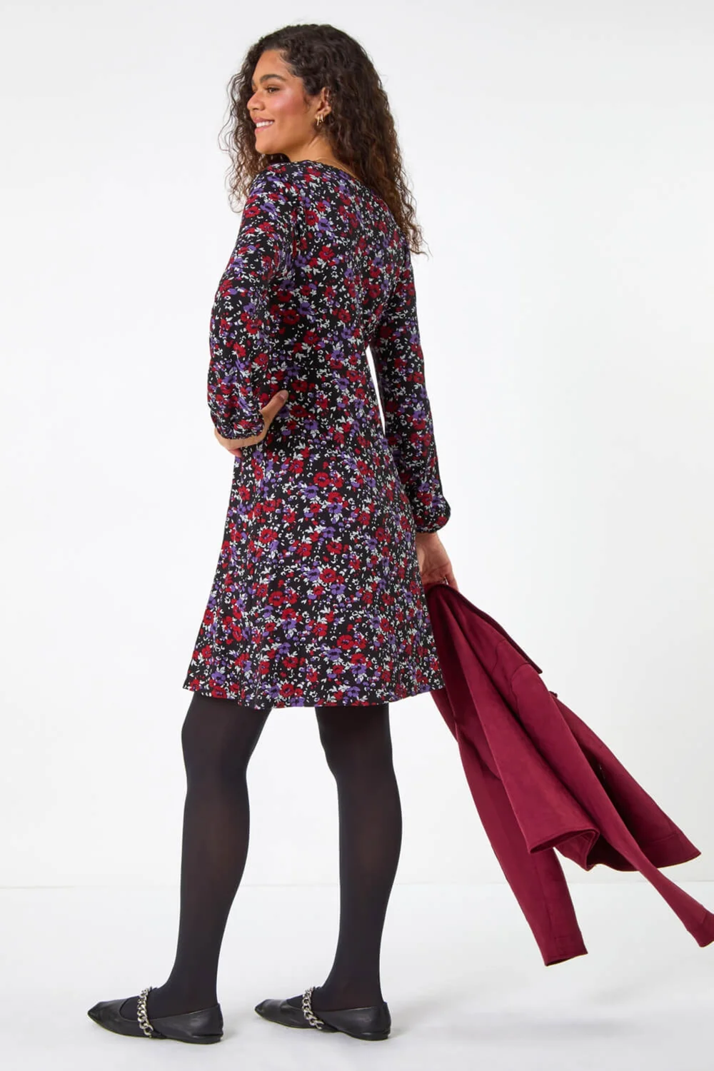 Roman Purple Floral Print Lace Trim Stretch Dress - 16 Image 3